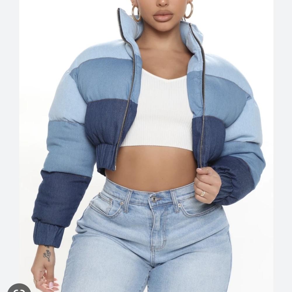 Cropped denim puffer jacket
